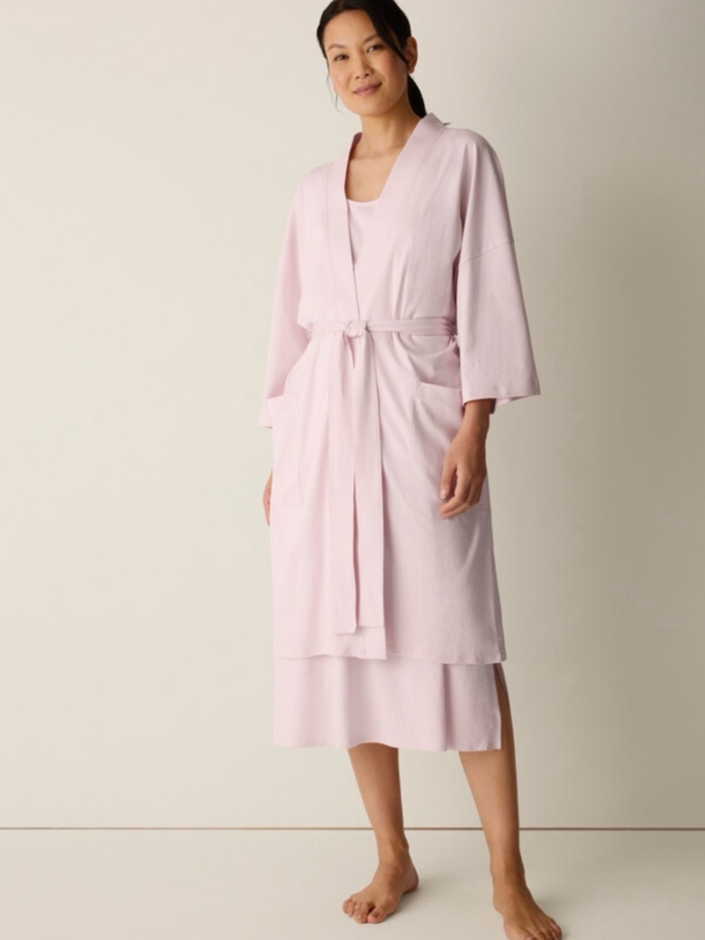 Eileen Fisher Organic Cotton Interlock Sleep Robe long Length belted belt NEW
